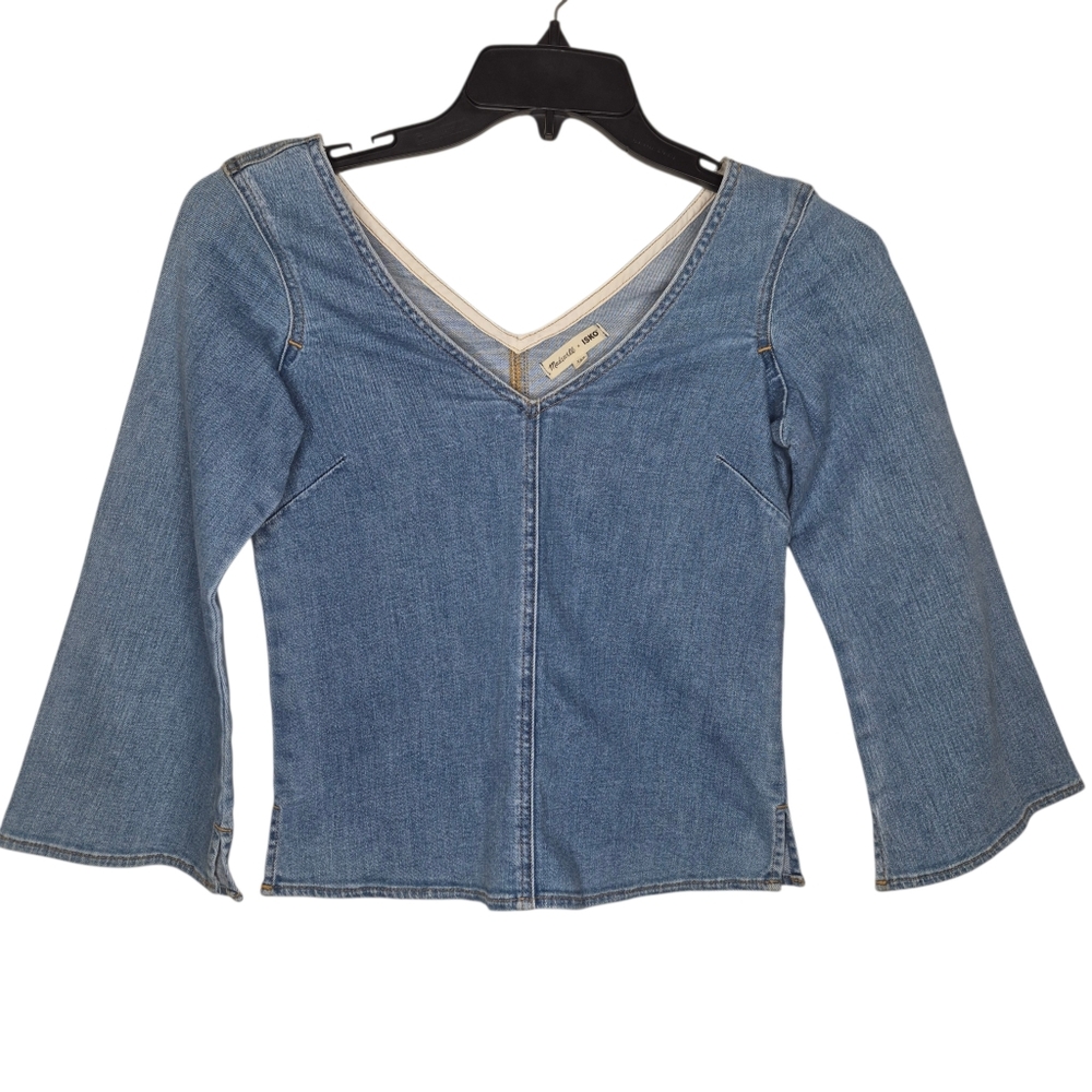 Madewell ISKO Denim V Neck Top XXS Blue Stretch‎ Bell Sleeve Cropped Blouse